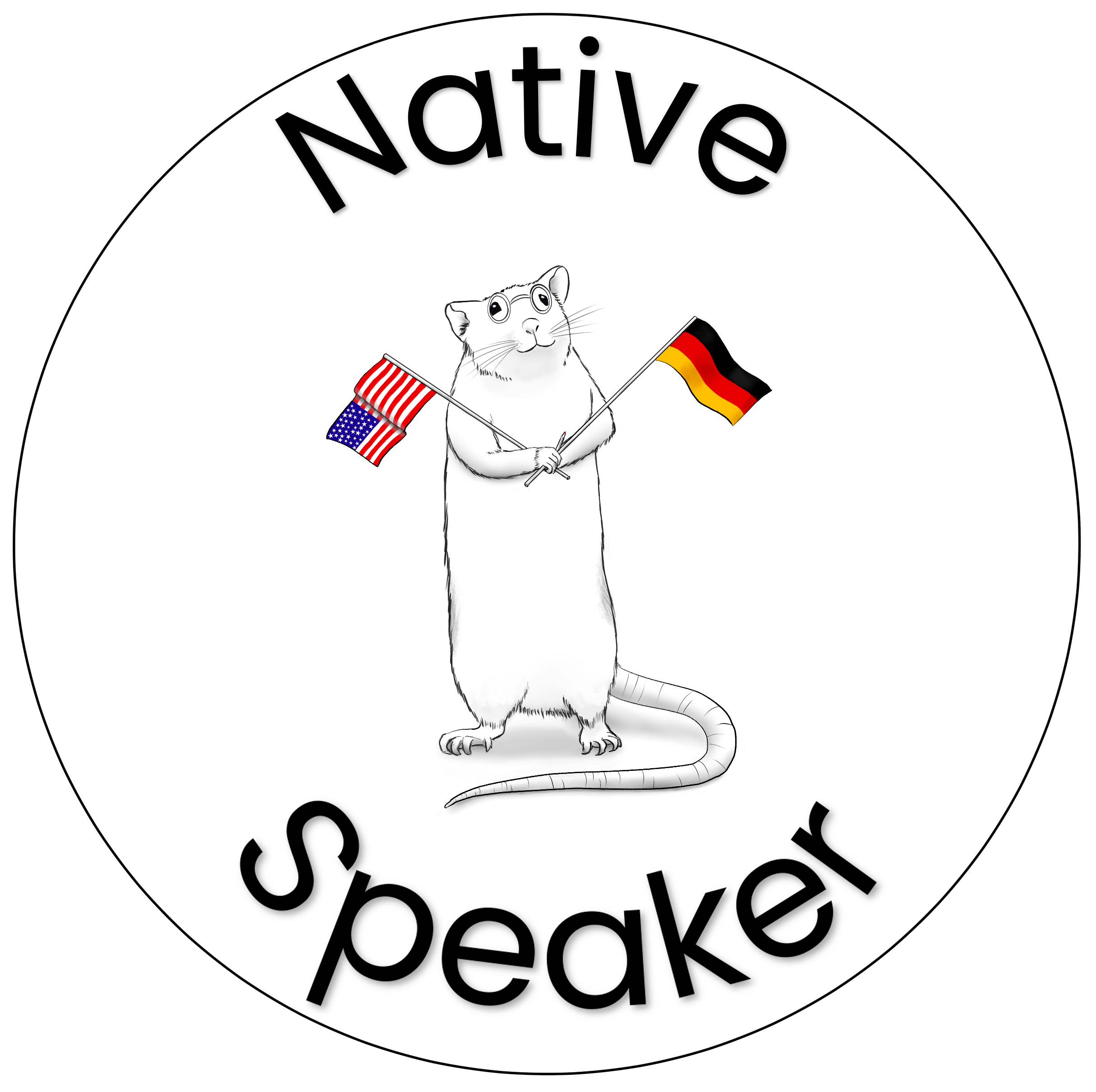 Illustration einer Ratte mit einer amerikanischen und einer deutschen Flagge und den Worten Native Speaker.