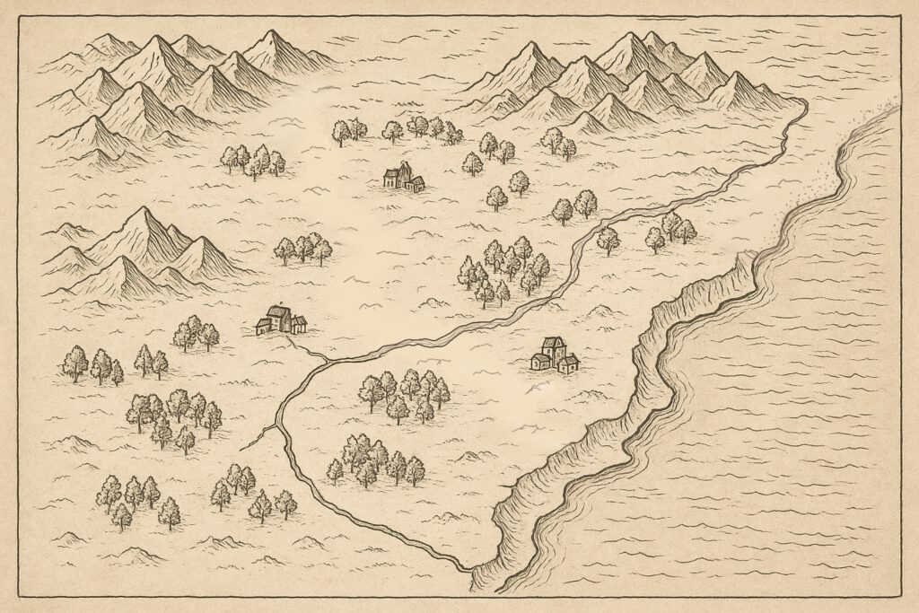 Eine gezeichnete Karte, wie sie in einem Fantasyroman vorkommen könnte.