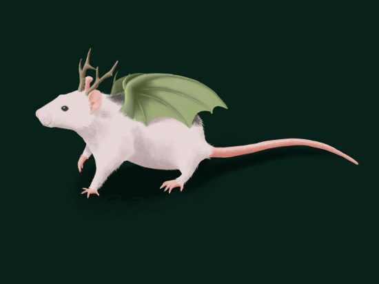 Fantasyratte Eine Ratte mit Drachenflügeln und einem Geweih